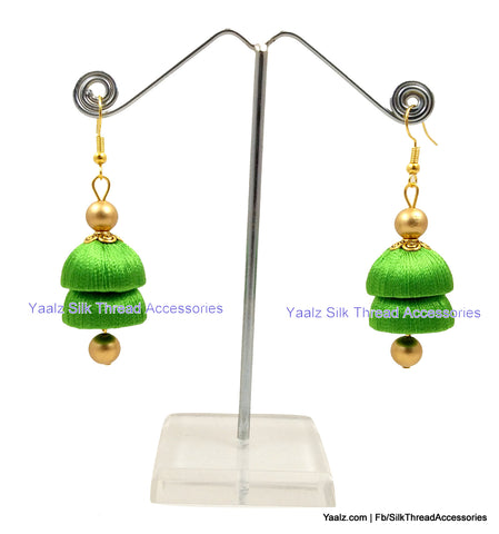 silk thread jewelry Bangle Earring Jumka-Yaalz Simple Double Layer Jhumka Earring In Parrot Green Color-YAALZ