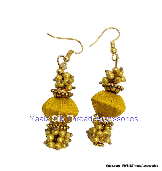 silk thread jewelry Bangle Earring Jumka-Yaalz Simple Bead Pearl Earring In Mustard Yellow Color-YAALZ
