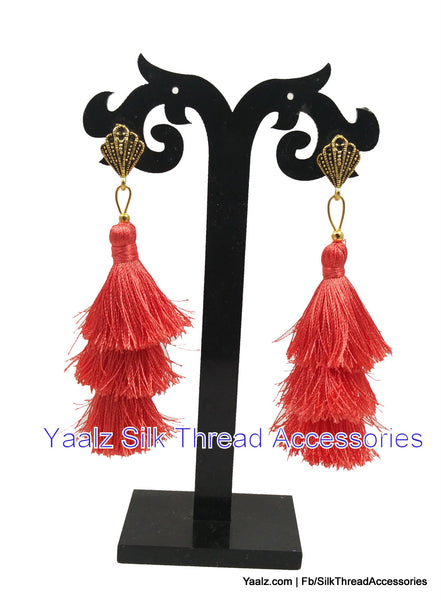 silk thread jewelry Bangle Earring Jumka-Yaalz Tassel Earring With Antique Snake Stud In Tomato Red Color-YAALZ