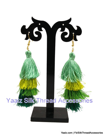 silk thread jewelry Bangle Earring Jumka-Yaalz 4 Layer Tassel Earring In Green Shades-YAALZ