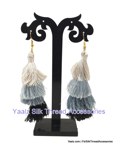 silk thread jewelry Bangle Earring Jumka-Yaalz 4 Layer Tassel Earring In Grey Shades-YAALZ