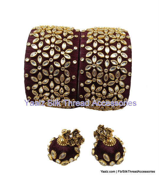 silk thread jewelry Bangle Earring Jumka-Yaalz Heavy Kundan Work Jumbo Kada With Matching Jhumka In Wine Brown Color-YAALZ