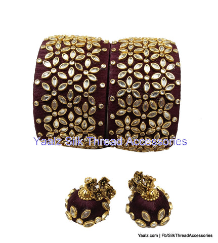 silk thread jewelry Bangle Earring Jumka-Yaalz Heavy Kundan Work Jumbo Kada With Matching Jhumka In Wine Brown Color-YAALZ