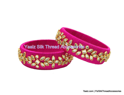 silk thread jewelry Bangle Earring Jumka-Yaalz Kundan Stone Work Partywear Bangle Pair In Rani Pink Color-YAALZ