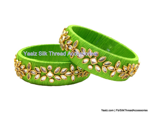 silk thread jewelry Bangle Earring Jumka-Yaalz Kundan Stone Work Partywear Bangle Pair In Parrot Green Color-YAALZ