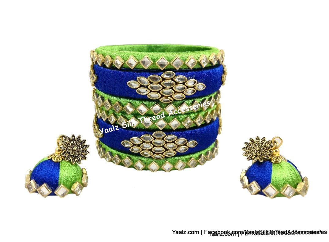 Yaalz Silk Thread Kundan Stone Bangle Set With Matching Jhumka In Royal Blue Parrot Green Colors
