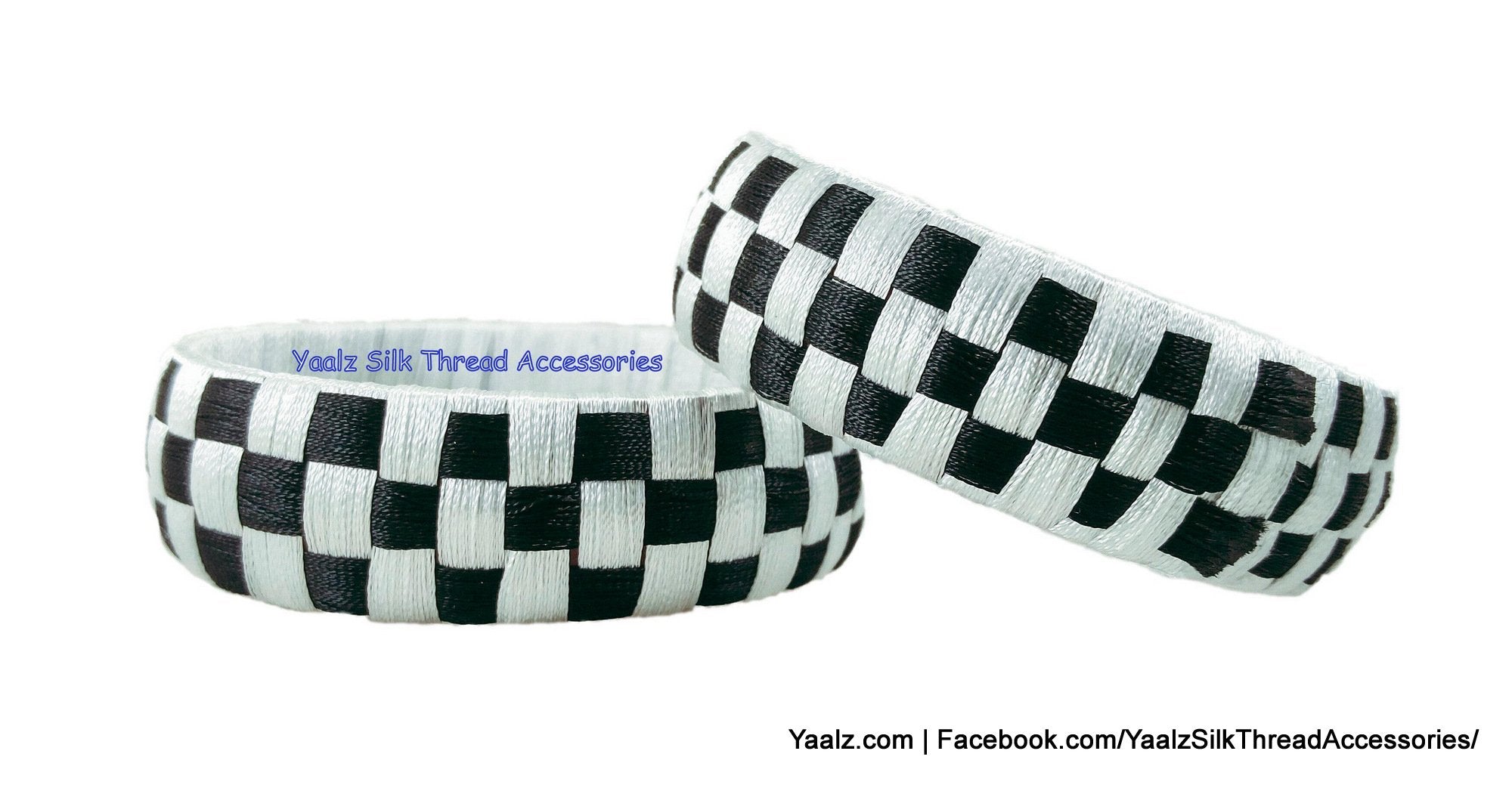 Yaalz Silk Thread Check Bangle Pair In White Black Colors