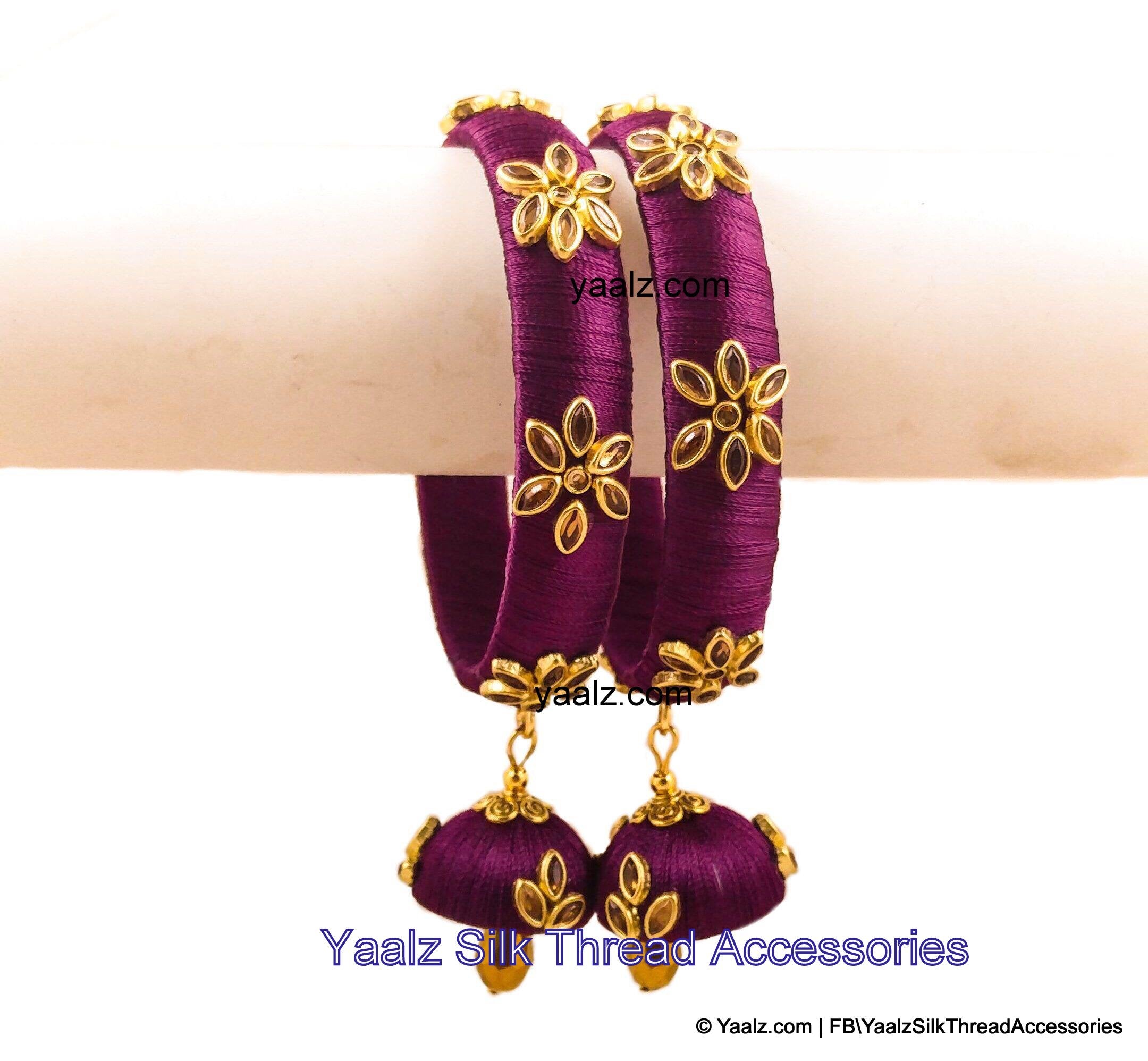 Yaalz Silk Thread Medium Bangle Pair With Hangings In Wine Pink Color