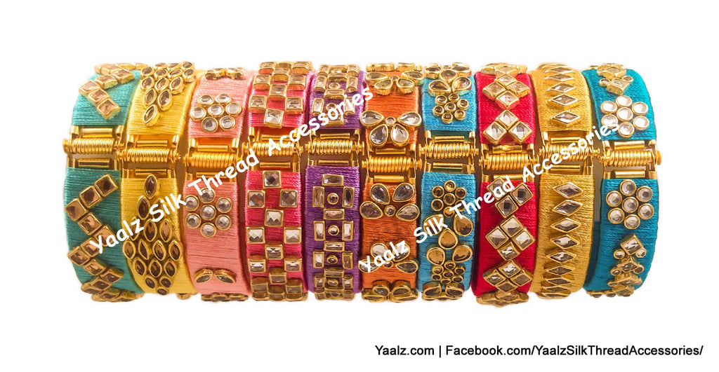 Yaalz 10Pcs Silk Thread Bracelet Bangles With Kundan Stones In Assorte