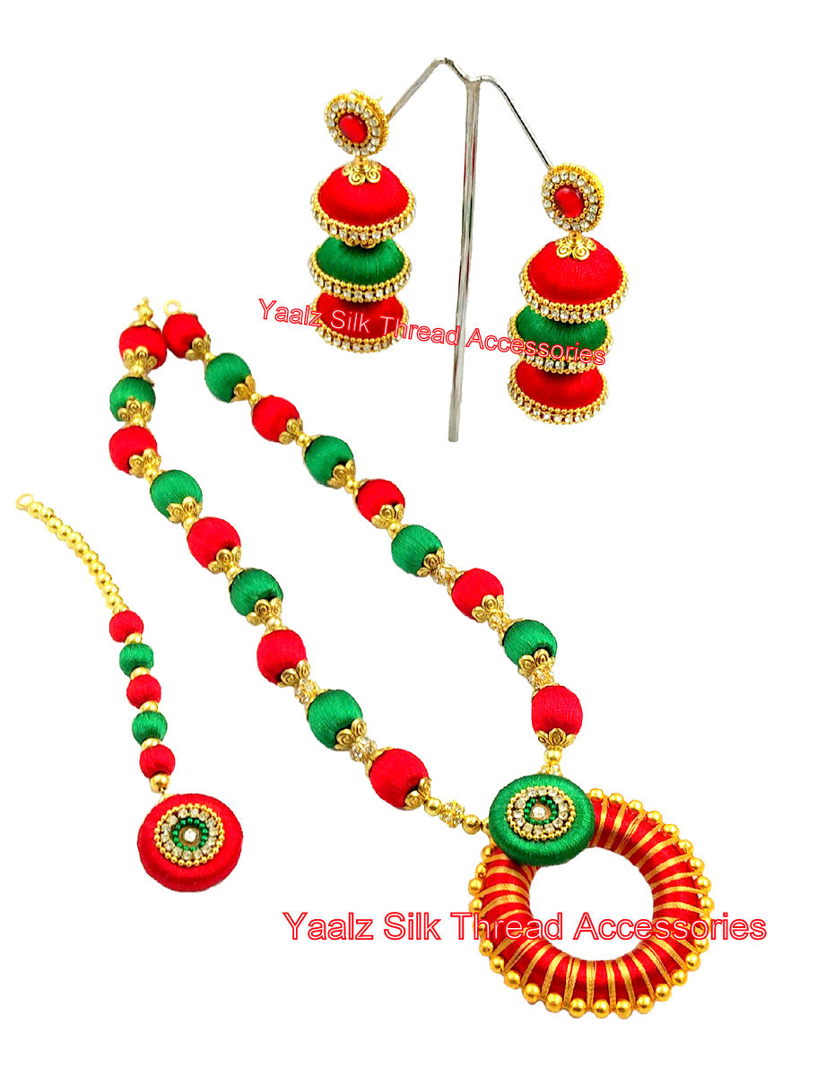 Yaalz Silk Thread Neckset With 3 Layer Jhumka Earrings Maang Tikka C