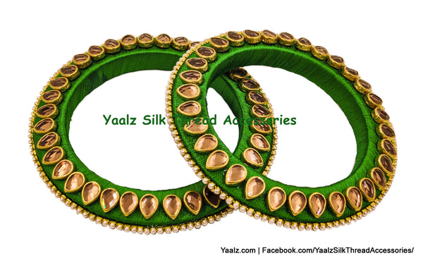 Yaalz Silk Thread 'V' Shape Bangle Pair With Flower & Leaves Kundan Stone Work In Assorted Colors