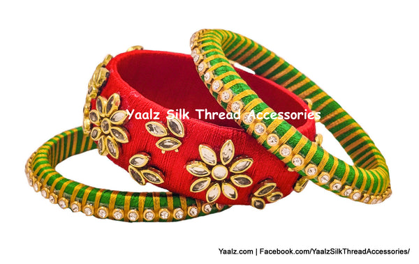 Yaalz Silk Thread Kundan Stone 3Pcs Partywear Bangle Sets In Assorted Colors