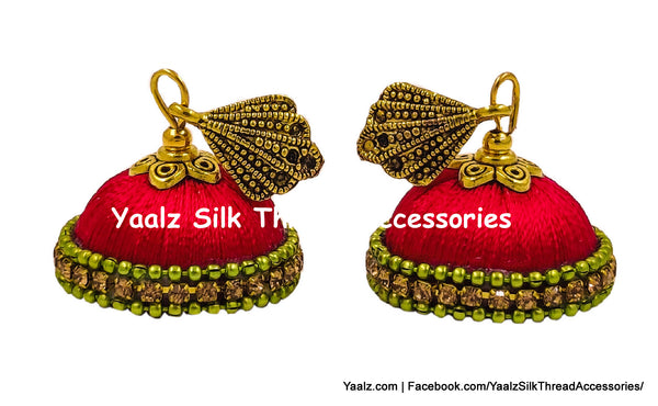 Yaalz Silk Thread Traditional Jhumka With Antique Stone Stud In Red & Light Green Colors
