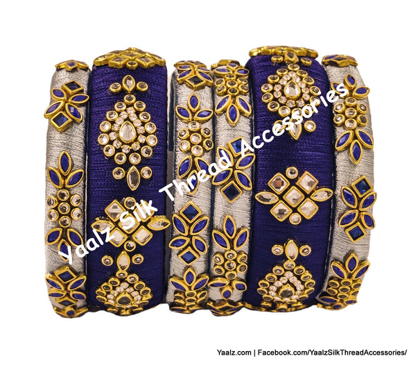Yaalz Silk Thread Heavy Traditional Design Color Kundan Stone 6Pcs Bangle Sets In Assorted Colors