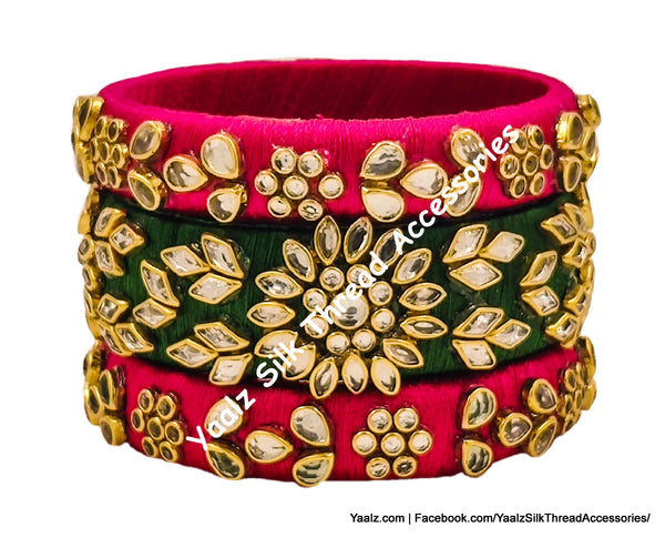 Yaalz Silk Thread Heavy Antique Gold Kundan Stone 3Pcs Bangle Sets In Assorted Colors - Set 1