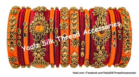 Yaalz Silk Thread Kundan Stone Bridal / Partywear 14Pcs Bangle Set In Orange & Maroon Colors