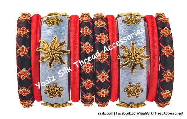 Yaalz Silk Thread Kundan Stone 10Pcs Partywear Bangle Set In Assorted Colors