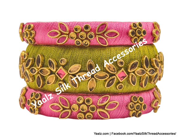 Yaalz Silk Thread Heavy Antique Gold Kundan Stone 3Pcs Bangle Sets In Assorted Colors - Set 1