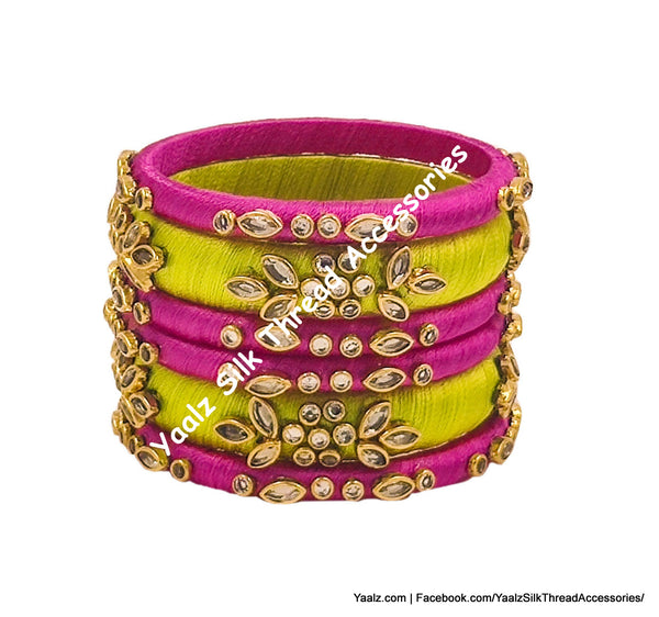 Yaalz Silk Thread Kundan Work 6Pcs Simple Bangle Sets In Assorted Colors - Set 3