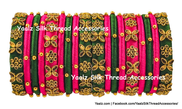 Yaalz Silk Thread Heavy Kundan Stone Bridal / Partywear 18Pcs Bangle Set In Assorted Colors