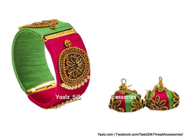 Yaalz Silk Thread Kundan Work 1 Inch Bracelet Bangle With Matching Jhumka Earrings In Green & Dark Pink Colors