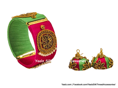 Yaalz Silk Thread Kundan Work 1 Inch Bracelet Bangle With Matching Jhumka Earrings In Green & Dark Pink Colors