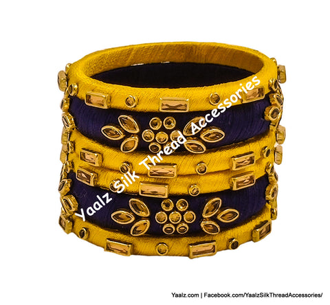 Yaalz Silk Thread Kundan Work 6Pcs Simple Bangle Sets With Stick Stone Work In Assorted Colors - Set 2