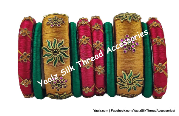 Yaalz Silk Thread Kundan Stone 10Pcs Partywear Bangle Set In Assorted Colors