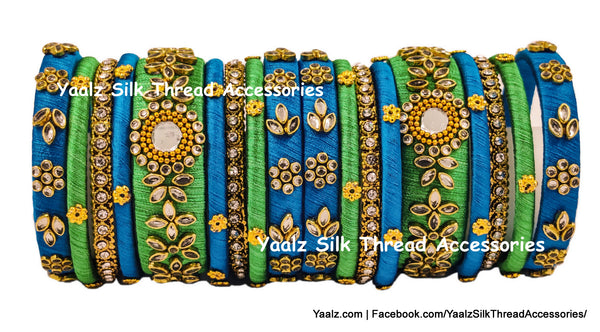 Yaalz Silk Thread Heavy Kundan Stone & Mirror Work Bridal / Partywear 18Pcs Bangle Sets In Assorted Color Combinations