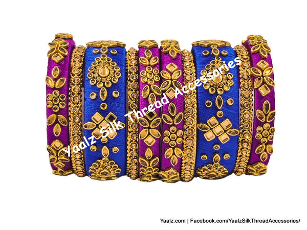 Yaalz Silk Thread Heavy Traditional Design Color Kundan Stone 10Pcs Bangle Sets In Assorted Colors