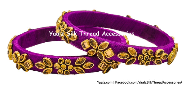 Yaalz Silk Thread Kundan Stone Medium Bangle Pairs In Assorted Colors - Set 3