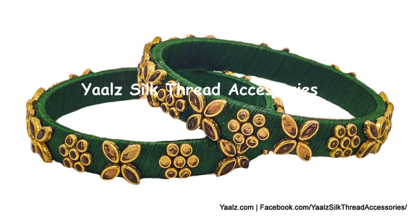 Yaalz Silk Thread Heavy Kundan Stone Medium Bangle Pairs In Assorted Colors - Set 1
