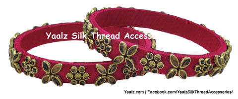 Yaalz Silk Thread Heavy Kundan Stone Medium Bangle Pairs In Assorted Colors - Set 1