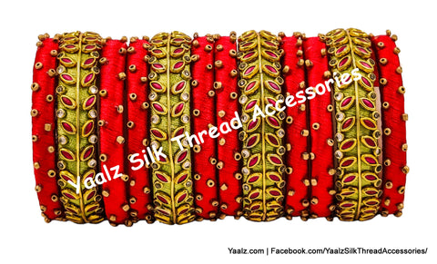 Yaalz Silk Thread Heavy Color Kundan Stone & Sugar Bead Work 12Pcs Bangle Set In Reddish Pink & Olive Green Colors