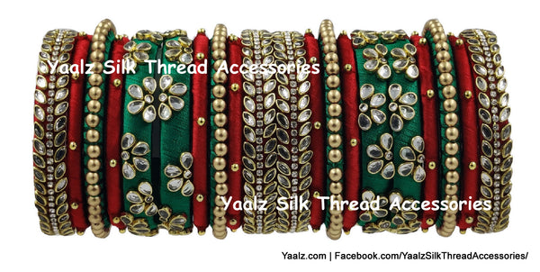 Yaalz Silk Thread Heavy Kundan Stone 20Pcs Bangle Set In Dark Green & Red Colors