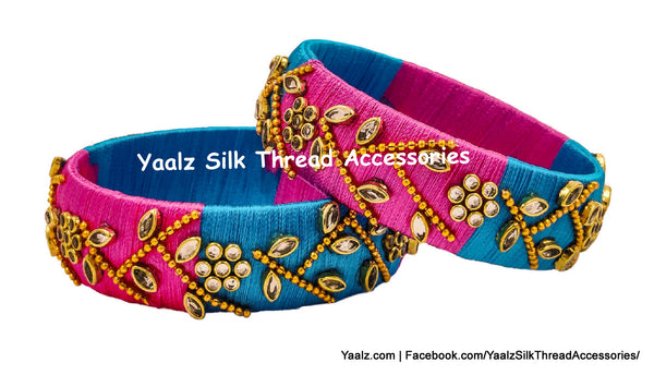 Yaalz Silk Thread Kundan Stone & Gold Chain Worked Kada Bangle Pair In Assorted Colors
