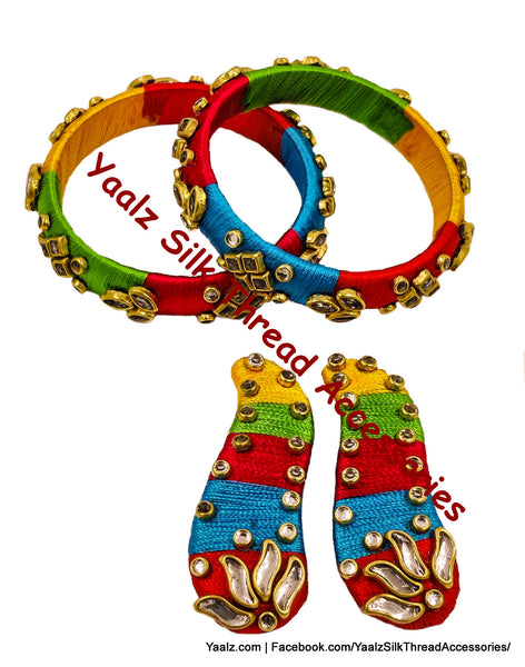 Yaalz Silk Thread Kada Bangle Pair With Hair Band & Tic Tac Clip Pair In Pink & Orange Colors