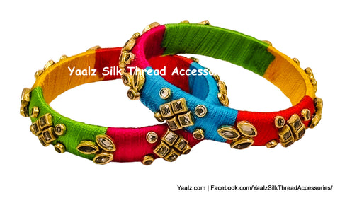 Yaalz Silk Thread Square Kundan Stone Bangle Pairs In Assorted Colors