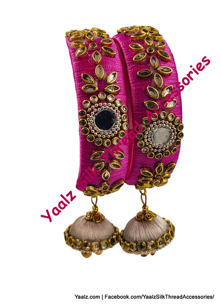Yaalz Silk Thread Kundan Stone & Mirror Design Kada Bangle Pair With Latkans In Pink & Silver Colors