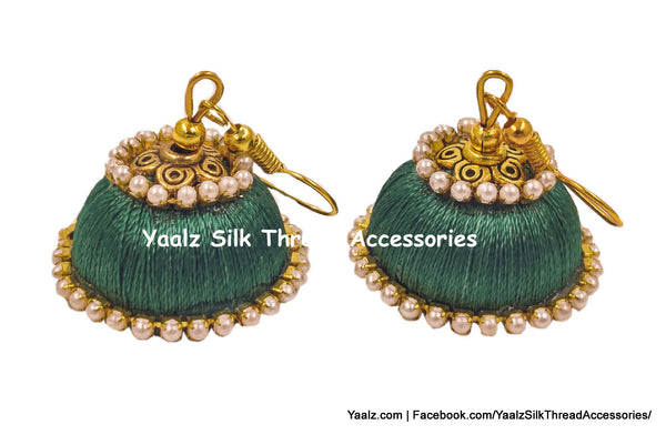Yaalz Silk Thread Simple Hanging Jhumka Earrings With Pearl Work In Hunter Green Color