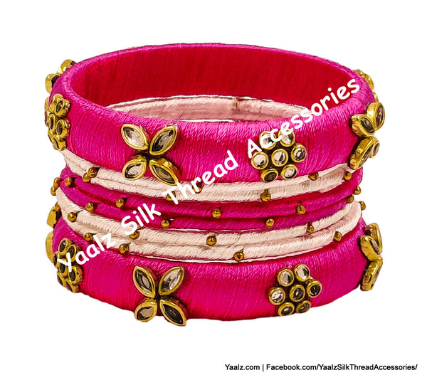 Yaalz Silk Thread Kundan Stone Metal Mix Bangle Sets In Assorted Colors