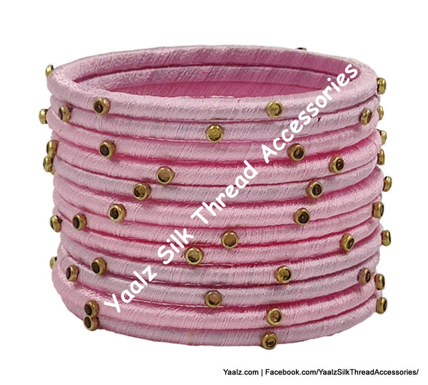 Yaalz Silk Thread Weightless Thin Dozen Bangles With Kundan Stones In Assorted Colors - Set 1