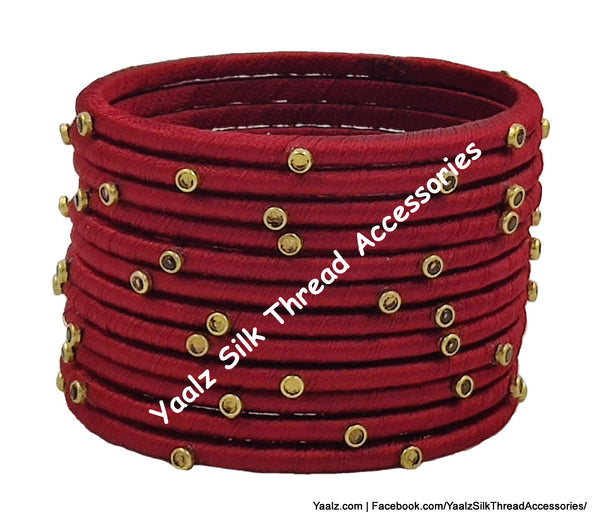Yaalz Silk Thread Weightless Thin Dozen Bangles With Kundan Stones In Assorted Colors - Set 1