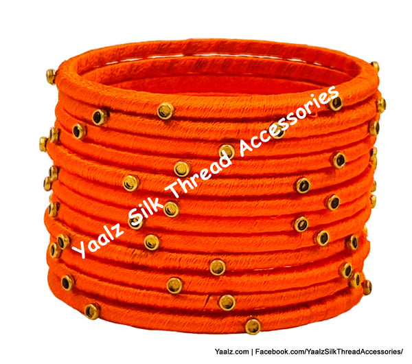 Yaalz Silk Thread Weightless Thin Dozen Bangles With Kundan Stones In Assorted Colors - Set 1