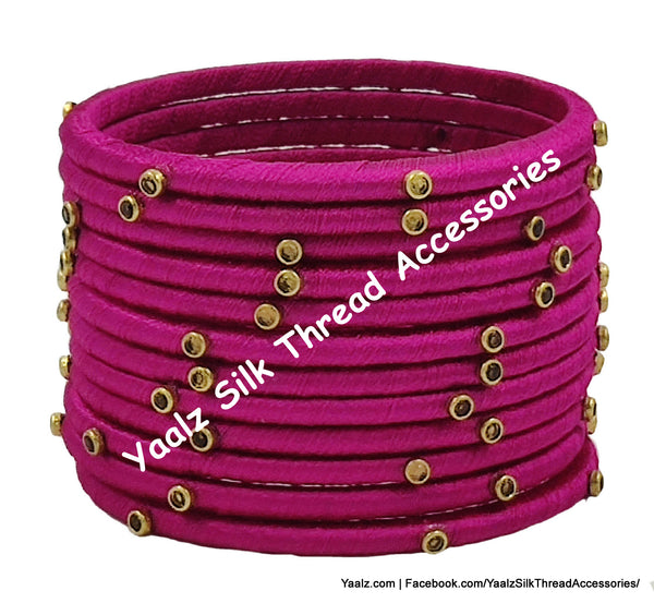 Yaalz Silk Thread Weightless Thin Dozen Bangles With Kundan Stones In Assorted Colors - Set 1