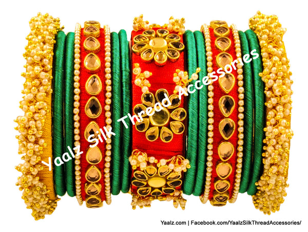Yaalz Silk Thread Heavy Kundan Stone & Pearl Work Bridal / Partywear Bangle Set In Assorted Colors