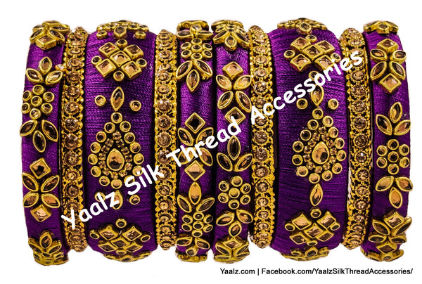 Yaalz Silk Thread Heavy Traditional Design Color Kundan Stone 10Pcs Bangle Sets In Assorted Colors