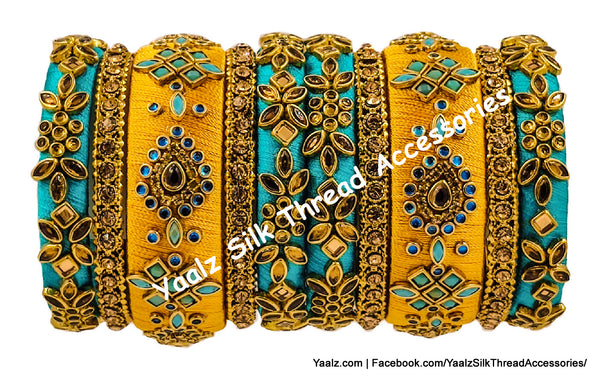 Yaalz Silk Thread Heavy Traditional Design Color Kundan Stone 10Pcs Bangle Sets In Assorted Colors