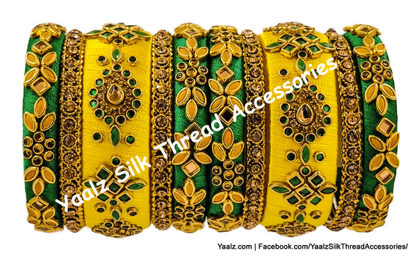 Yaalz Silk Thread Heavy Traditional Design Color Kundan Stone 10Pcs Bangle Sets In Assorted Colors