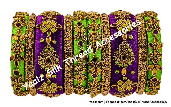 Yaalz Silk Thread Heavy Traditional Design Color Kundan Stone 10Pcs Bangle Sets In Assorted Colors